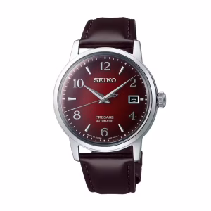 Seiko Presage Cocktail SRPE41J1 lấy cảm hứng từ ly cocktail Negroni của nước Ý. Màu sắc chủ đạo đỏ thẫm từ mặt số tới dây đeo, hiệu ứng chuyển sắc độc đáo cùng bộ máy cơ in-house tích cót 41 giờ.